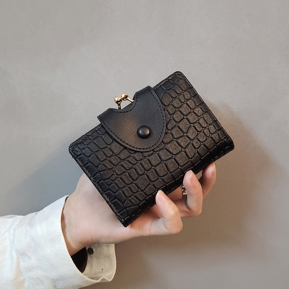 Black Elegant Croc Embossed Womens Wallet - Short PU Leather Bifold with Removable Kisslock Coin Purse & Card Holder 5