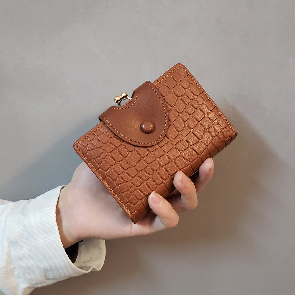 Brown Elegant Croc Embossed Womens Wallet - Short PU Leather Bifold with Removable Kisslock Coin Purse & Card Holder 5