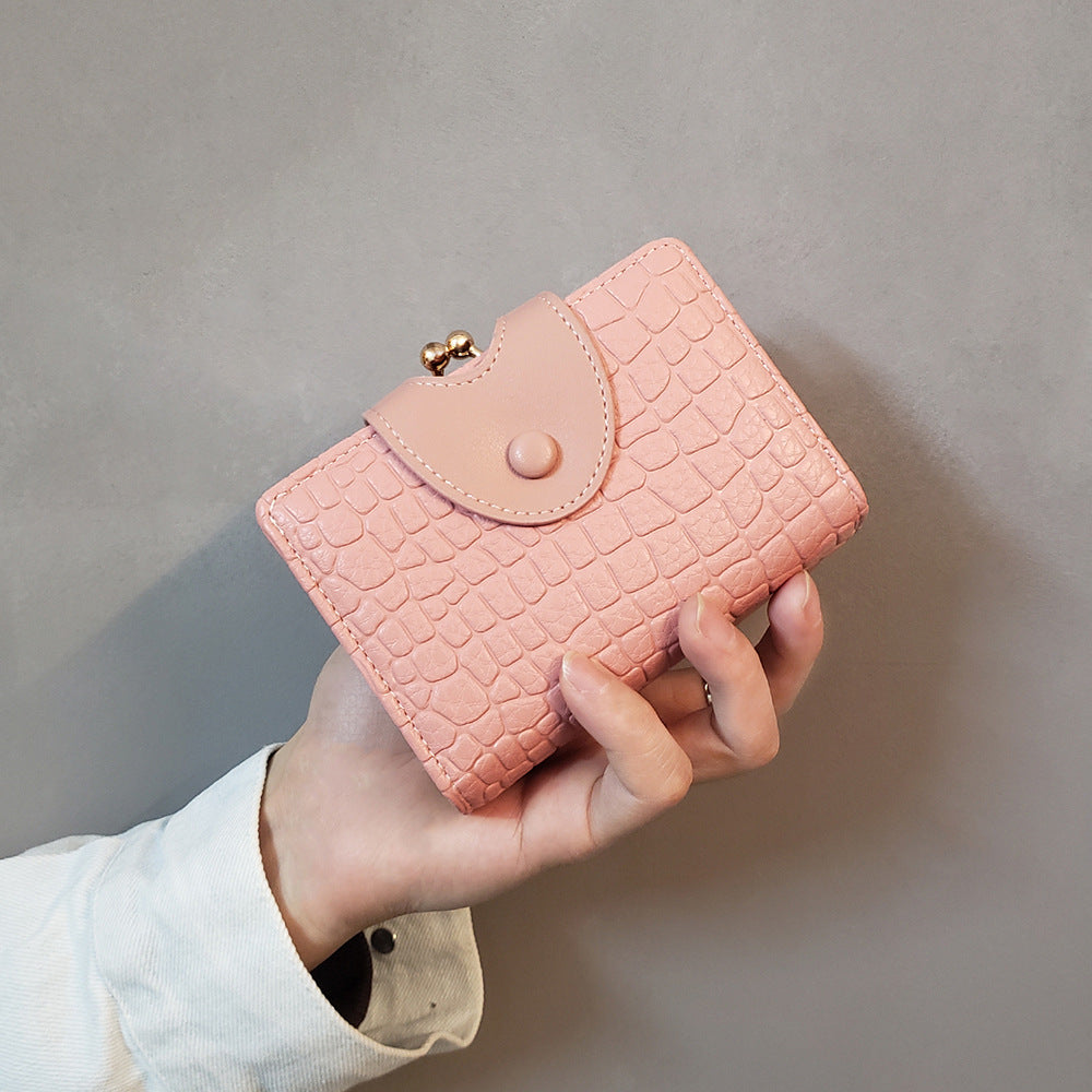 Pink Elegant Croc Embossed Womens Wallet - Short PU Leather Bifold with Removable Kisslock Coin Purse & Card Holder 4
