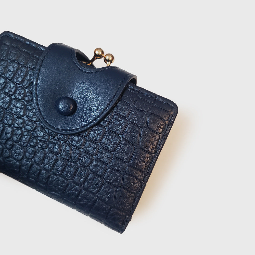 Dark Blue Elegant Croc Embossed Womens Wallet - Short PU Leather Bifold with Removable Kisslock Coin Purse & Card Holder 3
