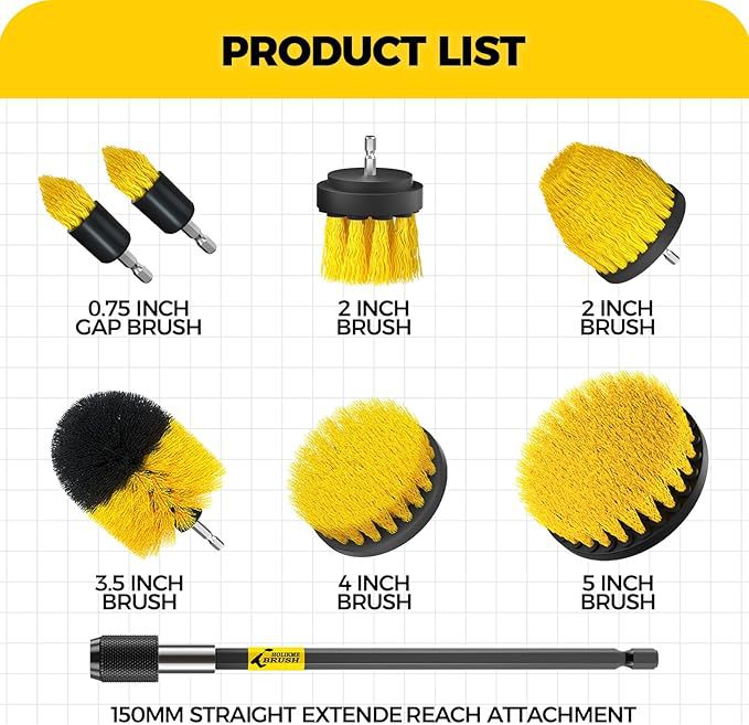 Yellow and Black  6 Pack Drill Brush Power Scrubber Cleaning Brush Extended Long Attachment Set All Purpose Drill Scrub Brushes Kit for Grout, Floor, Tub, Shower, Tile, Bathroom and Kitchen Surface 4