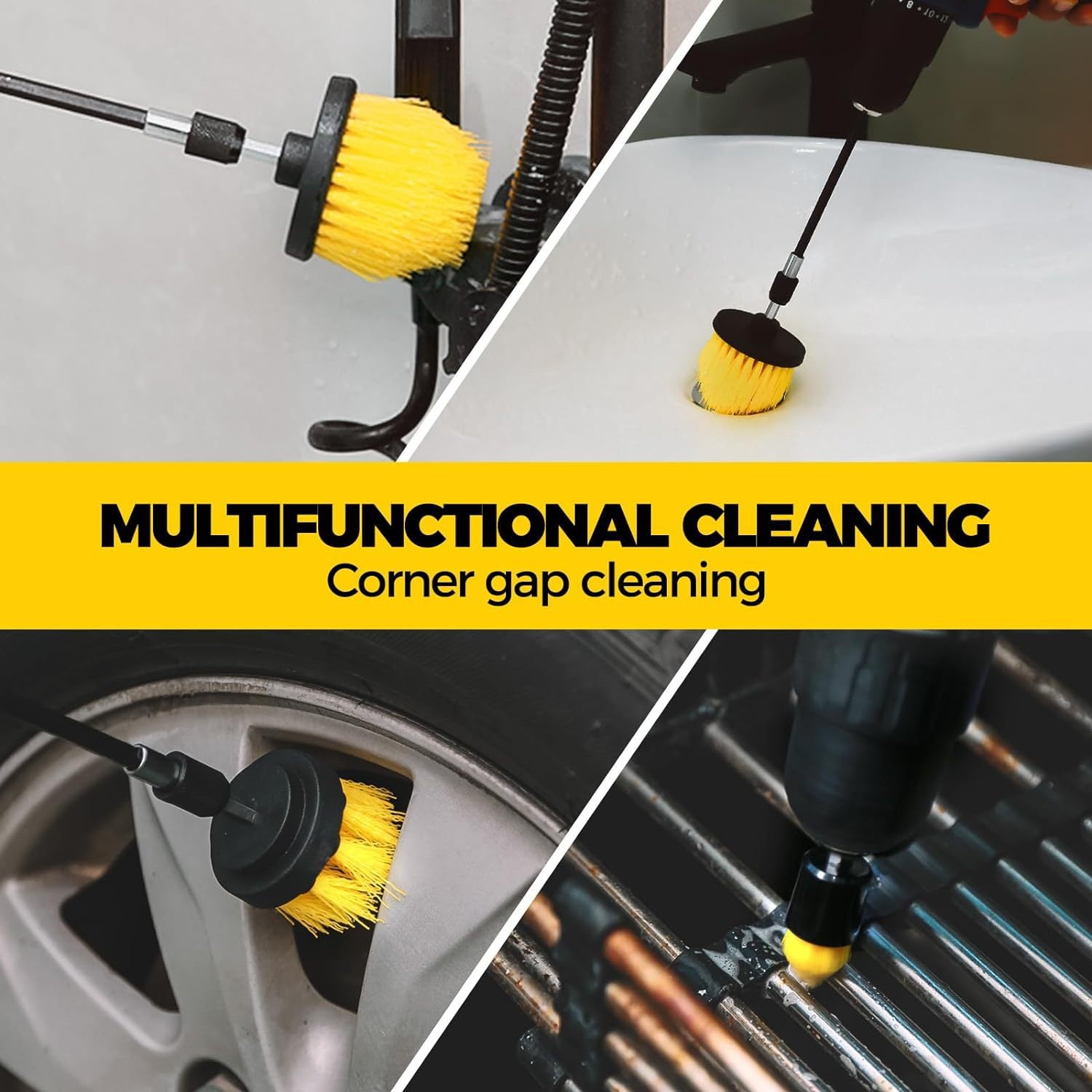 Yellow and Black  6 Pack Drill Brush Power Scrubber Cleaning Brush Extended Long Attachment Set All Purpose Drill Scrub Brushes Kit for Grout, Floor, Tub, Shower, Tile, Bathroom and Kitchen Surface 5