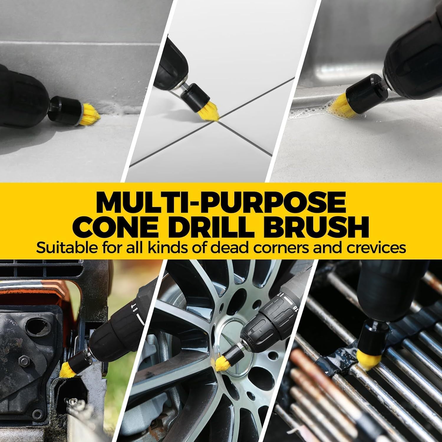 Yellow and Black  6 Pack Drill Brush Power Scrubber Cleaning Brush Extended Long Attachment Set All Purpose Drill Scrub Brushes Kit for Grout, Floor, Tub, Shower, Tile, Bathroom and Kitchen Surface 6