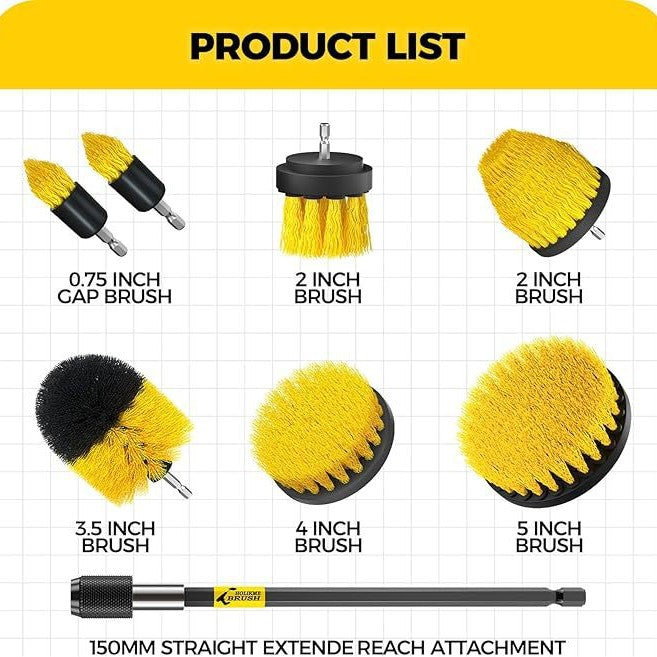 Yellow and Black Complete 7-Piece Drill Brush Power Scrubber Set - All-Purpose Cleaning Kit for Bathroom, Tile, Car Detailing & More 3