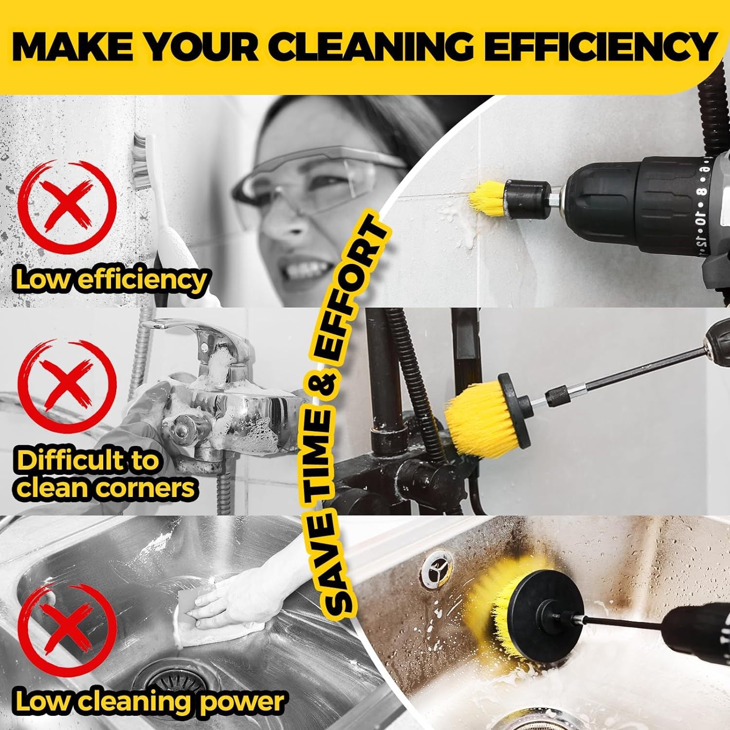 Yellow and Black Complete 7-Piece Drill Brush Power Scrubber Set - All-Purpose Cleaning Kit for Bathroom, Tile, Car Detailing & More 7