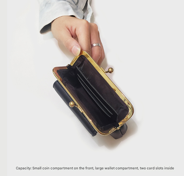 Black Vintage Style Women's Kiss Lock Coin Purse - Compact PU Leather Wallet with Card Holder 4