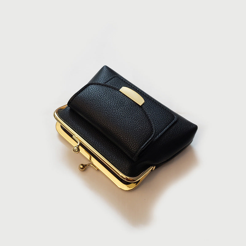 Black Vintage Style Women's Kiss Lock Coin Purse - Compact PU Leather Wallet with Card Holder 5
