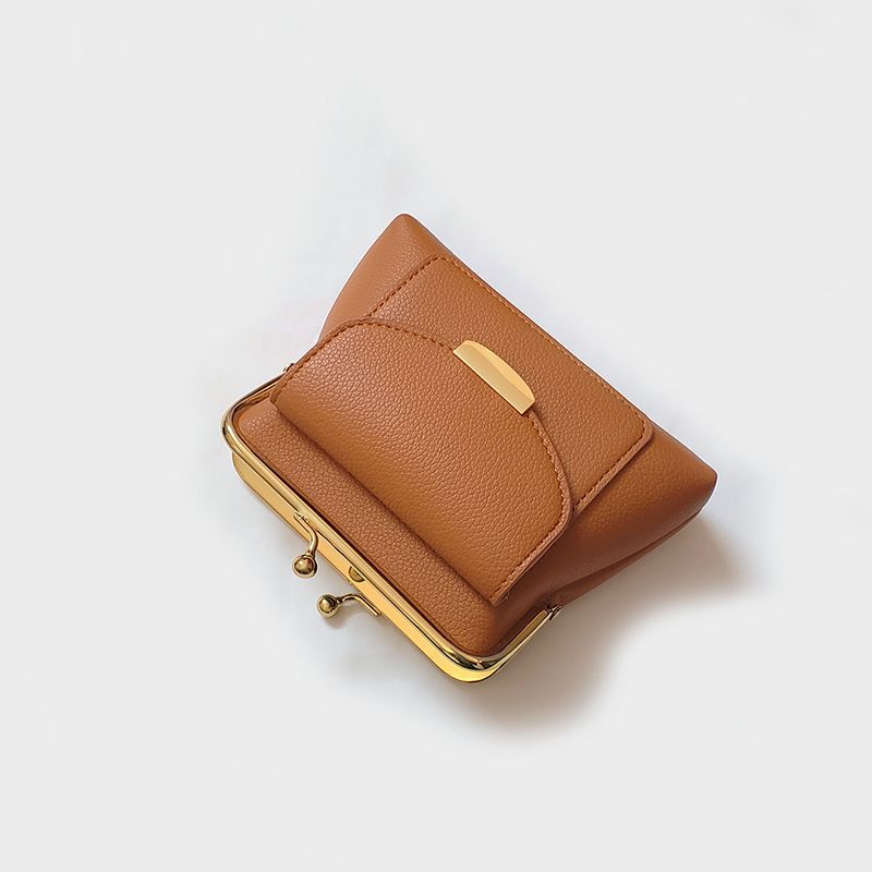 Brown Vintage Style Women's Kiss Lock Coin Purse - Compact PU Leather Wallet with Card Holder 3