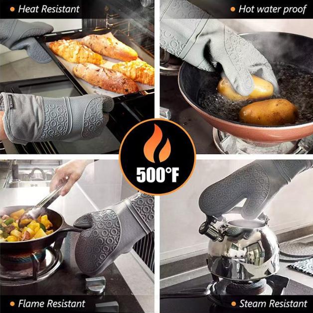 Grey 6-Piece Silicone Oven Mitts and Pot Holders Set - Extra Long Waterproof Heat Resistant Gloves with Non-Slip Grip for Kitchen Baking BBQ 3