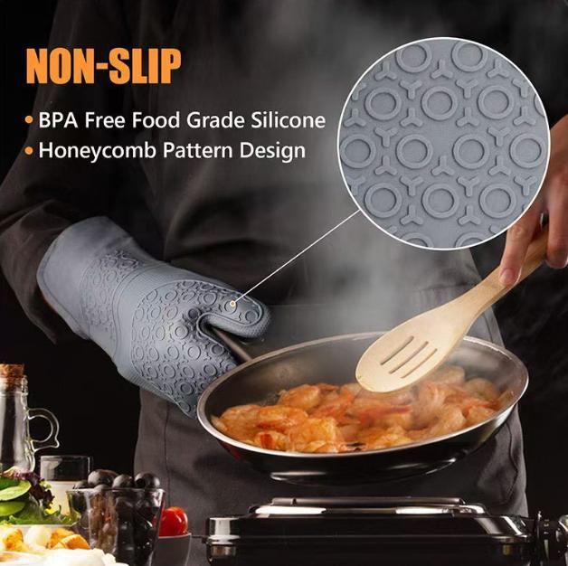 Black 6-Piece Silicone Oven Mitts and Pot Holders Set - Extra Long Waterproof Heat Resistant Gloves with Non-Slip Grip for Kitchen Baking BBQ