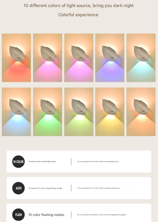 White RGB Color-Changing Leaf LED Night Light - Wireless Motion Sensor Wall Lamp with Remote Control for Ambiance Lighting 4