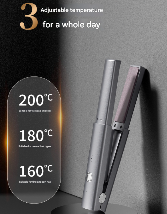 Dark Grey Compact Cordless Hair Straightener - Portable 2-in-1 Mini Flat Iron, USB-C Rechargeable for Travel & Touch-ups 3