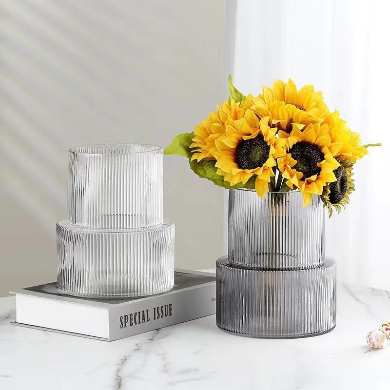 Transparent Modern Two-Tier Ribbed Glass Vase - Elegant Cylindrical Flower Centrepiece for Home Decor 4