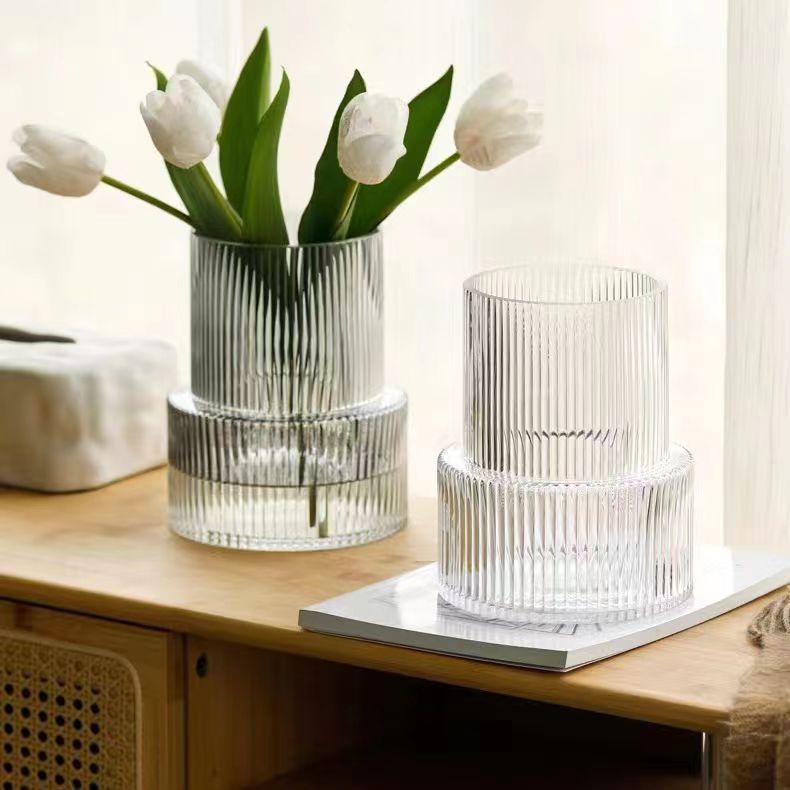Transparent Modern Two-Tier Ribbed Glass Vase - Elegant Cylindrical Flower Centrepiece for Home Decor 5