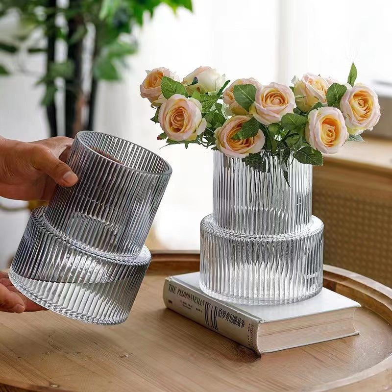 Grey Modern Two-Tier Ribbed Glass Vase - Elegant Cylindrical Flower Centrepiece for Home Decor 3
