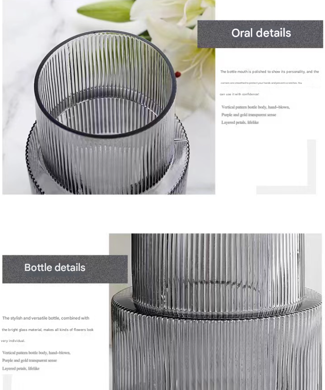 Grey Modern Two-Tier Ribbed Glass Vase - Elegant Cylindrical Flower Centrepiece for Home Decor 6