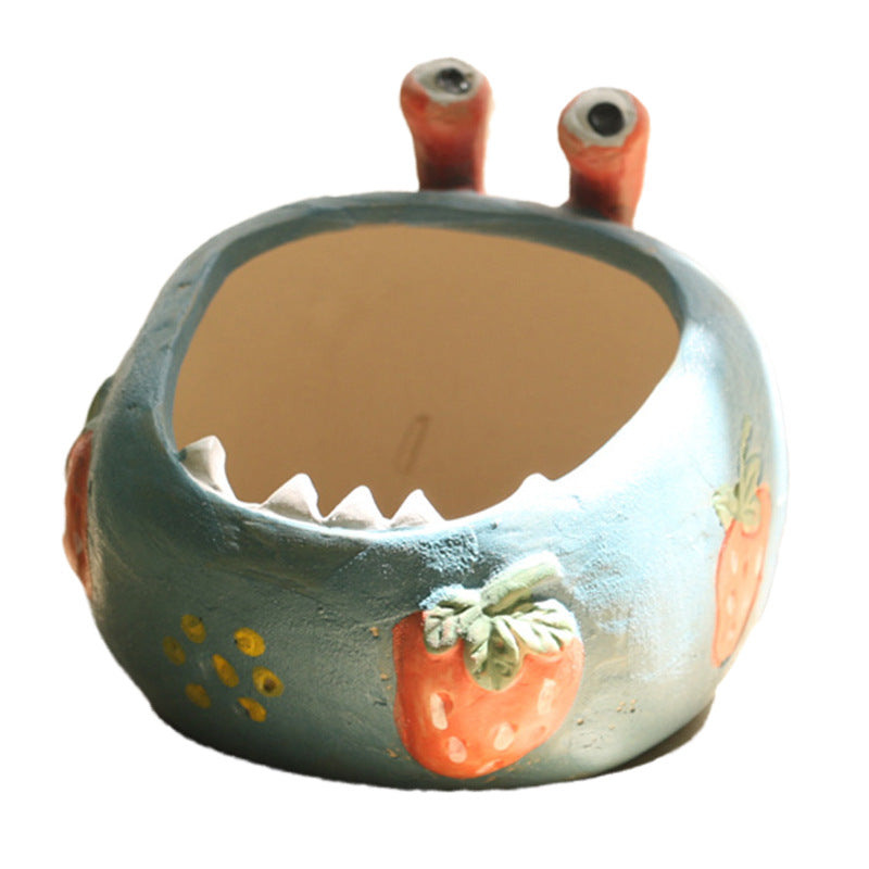 2 Pcs Blue Whimsical Monster Ceramic Succulent Planter - Hand-Painted Character Pot with Drainage 3