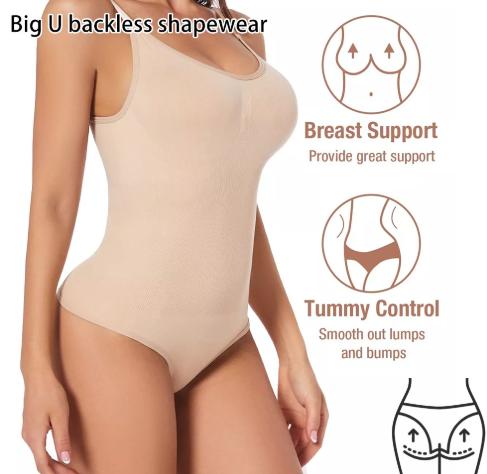 2 Pcs Size L Skin Color Seamless Backless Bodysuit Shapewear - Deep U-Plunge Tummy Control Thong Shaper 6