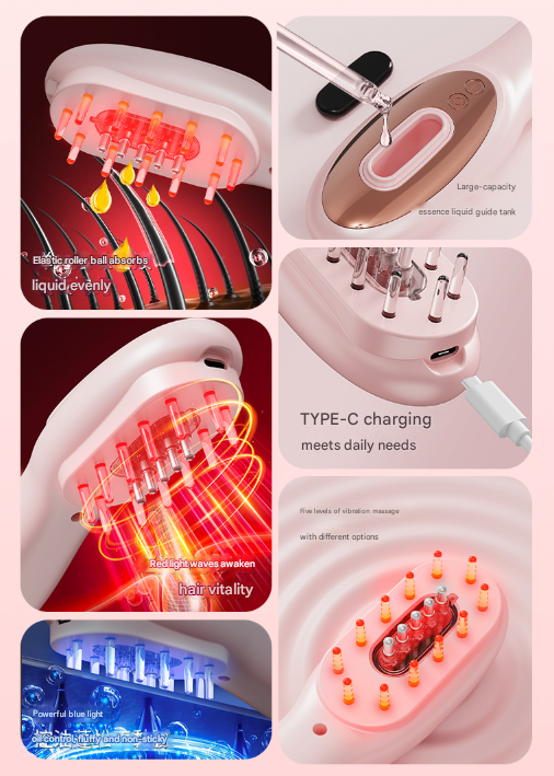 Pink Rechargeable Electric Scalp Massager with Red & Blue Light Therapy - Hair Oil & Serum Applicator Comb(Not containing essential oils)