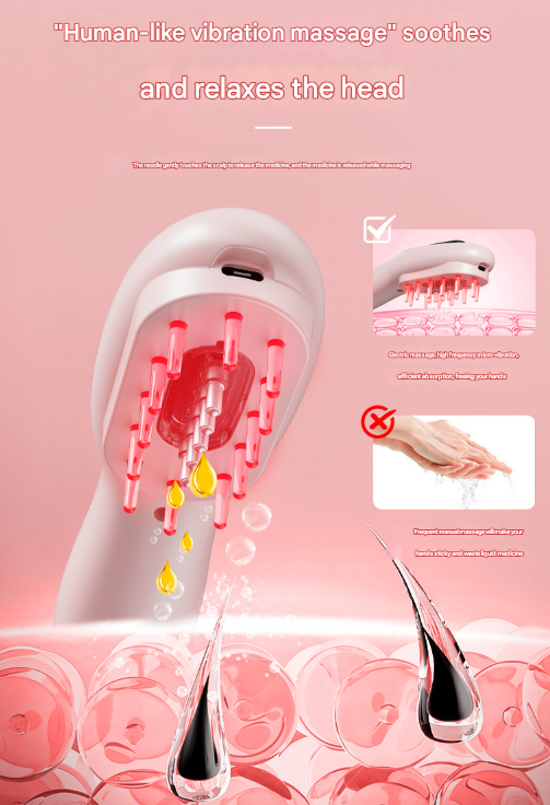 Pink Rechargeable Electric Scalp Massager with Red & Blue Light Therapy - Hair Oil & Serum Applicator Comb(Not containing essential oils) 3