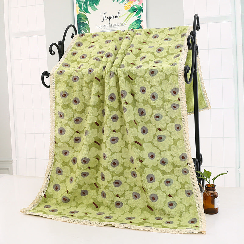 Green Vintage Floral Lace Trim Towel Set - Ultra Soft Absorbent Coral Fleece Bath & Face Towel