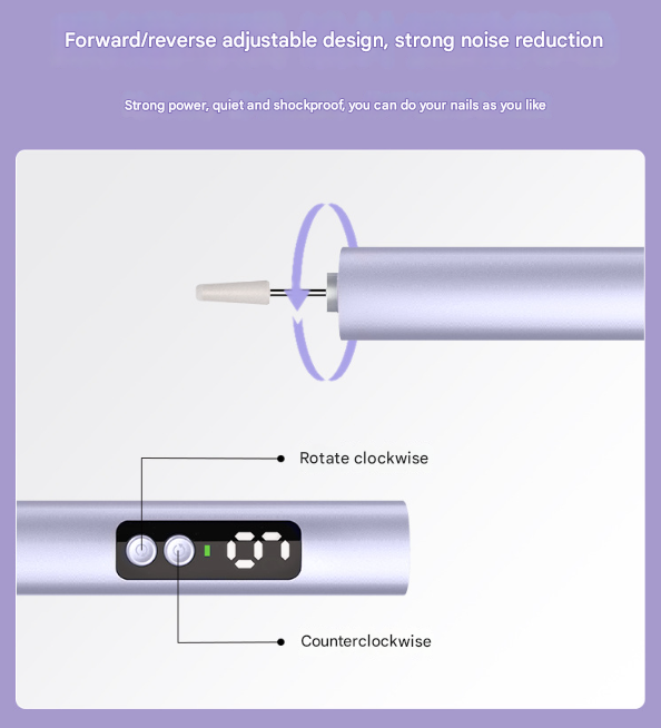 Purple Professional Electric Nail File Kit - Portable USB-C Rechargeable Manicure Drill with 6 Speeds & 5 Heads 3