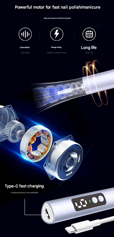 Purple Professional Electric Nail File Kit - Portable USB-C Rechargeable Manicure Drill with 6 Speeds & 5 Heads 7