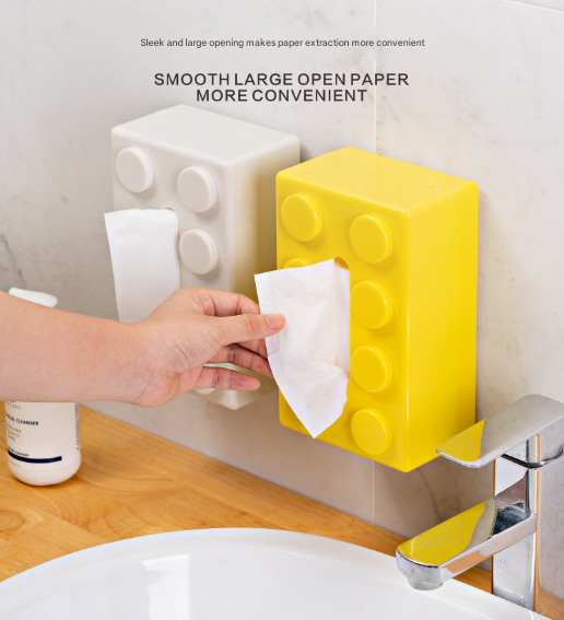 Yellow 2 Pcs Creative Building Block Tissue Box Holder - Wall-Mounted & Desktop Dispenser for Bathroom, Kids Room & Office Decor 5