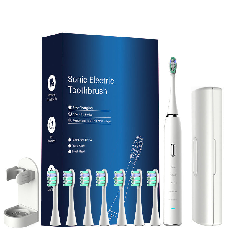 White Sonic Rechargeable Electric Toothbrush with 8 Heads & Travel Case - 5 Brushing Modes & Smart Timer(USB)