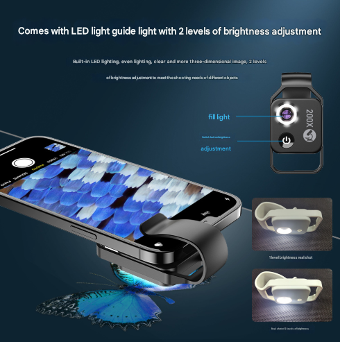 White Portable 200X Clip-On Microscope Lens for Smartphone - HD Pocket Magnifier with CPL Filter and LED Light(excluding mobile phones) 5