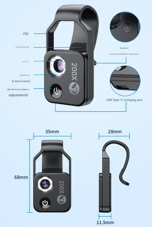 White Portable 200X Clip-On Microscope Lens for Smartphone - HD Pocket Magnifier with CPL Filter and LED Light(excluding mobile phones) 8