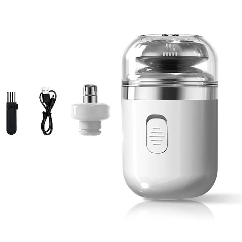 White Portable Mini Electric Shaver for Men - USB Fast-Charge Travel Razor with Washable Head & Nose Trimmer Attachment