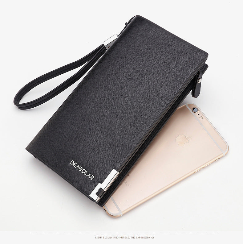 Black Men's Business Casual Long Wallet Clutch - PU Leather Large Capacity Phone & Card Holder with Wrist Strap 3