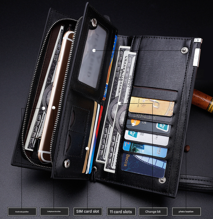 Black Men's Business Casual Long Wallet Clutch - PU Leather Large Capacity Phone & Card Holder with Wrist Strap 5