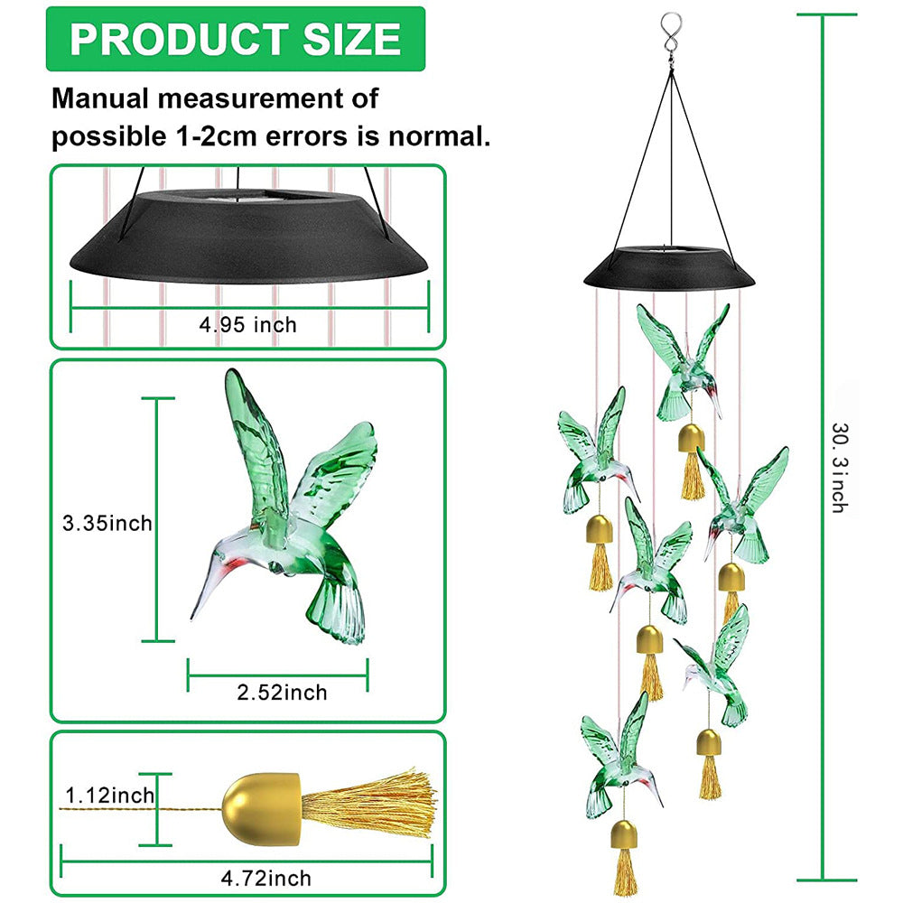 Green Solar Powered Hummingbird Wind Chime(With bell) - Color-Changing LED Hanging Garden Light Outdoor Decor