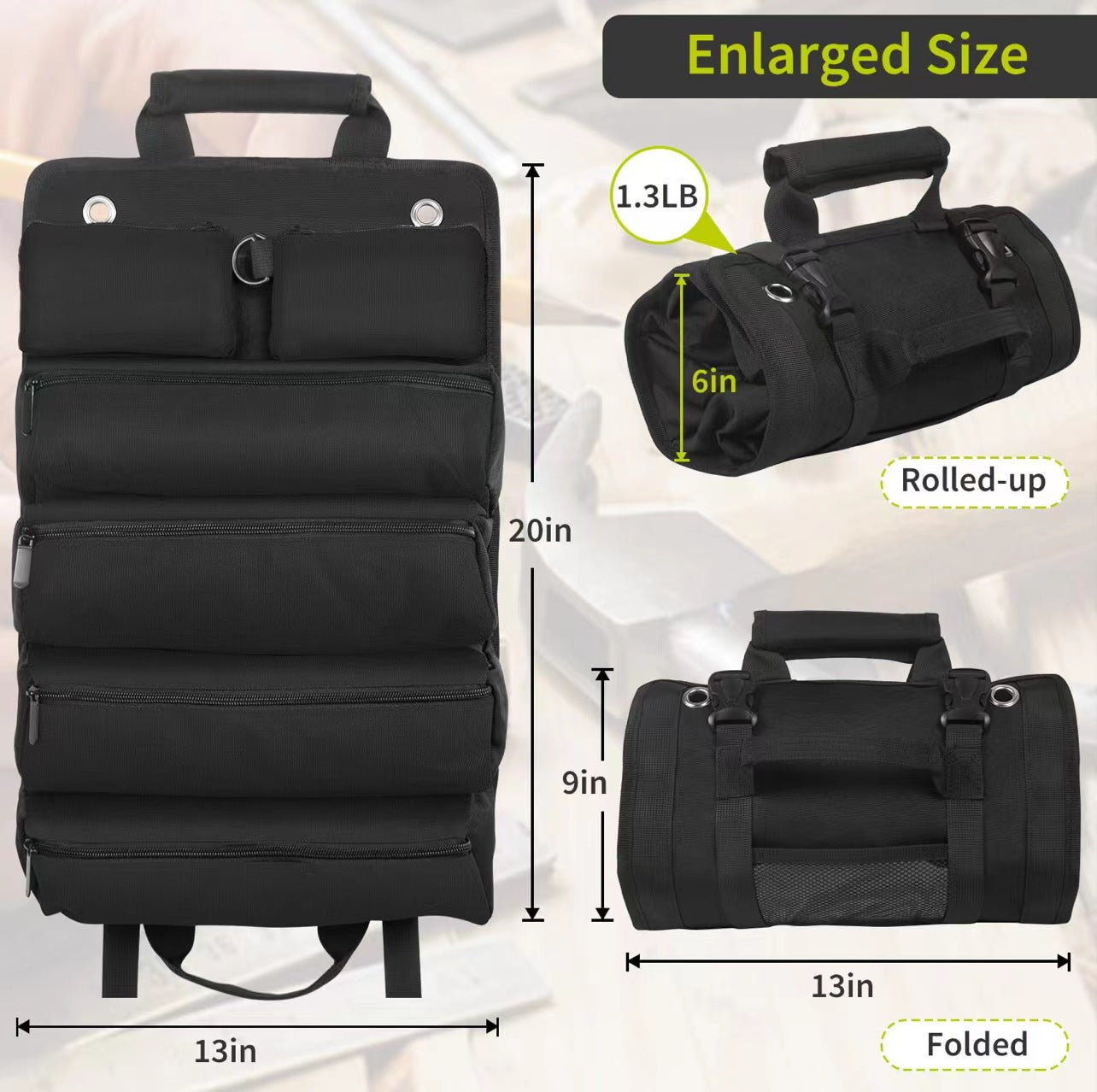 Black Heavy-Duty Tool Organizer Roll with Detachable Pouches
