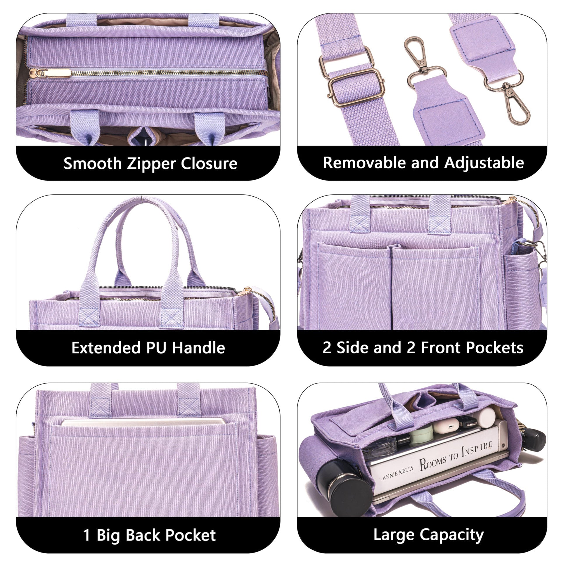 Blue Stylish Women's Large Canvas Tote Bag - 15.3in Laptop Mommy Bag with Crossbody Strap 3