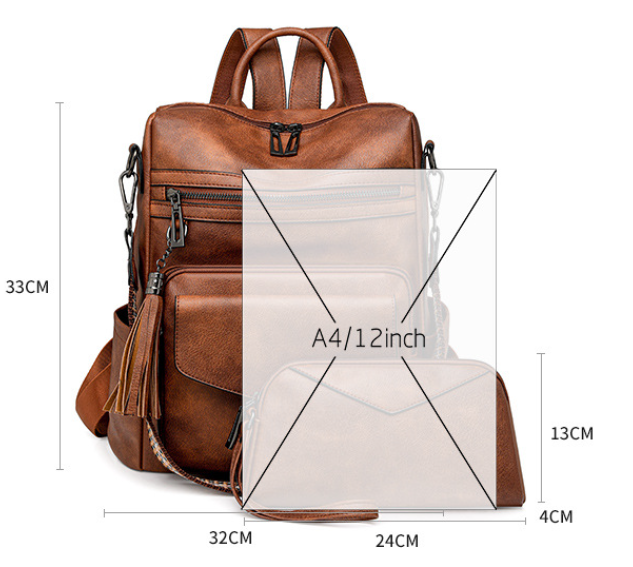 Dark-brown Women's Retro PU Leather Backpack - Dual-Color Tassel Design, Winter High-End Style