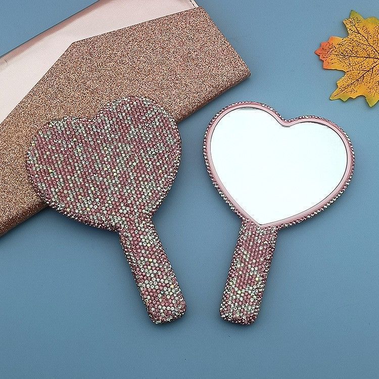 2PCS Pink-white Glamorous Diamond-Encrusted Heart Handheld Mirror - Luxe High-Definition Makeup Essential