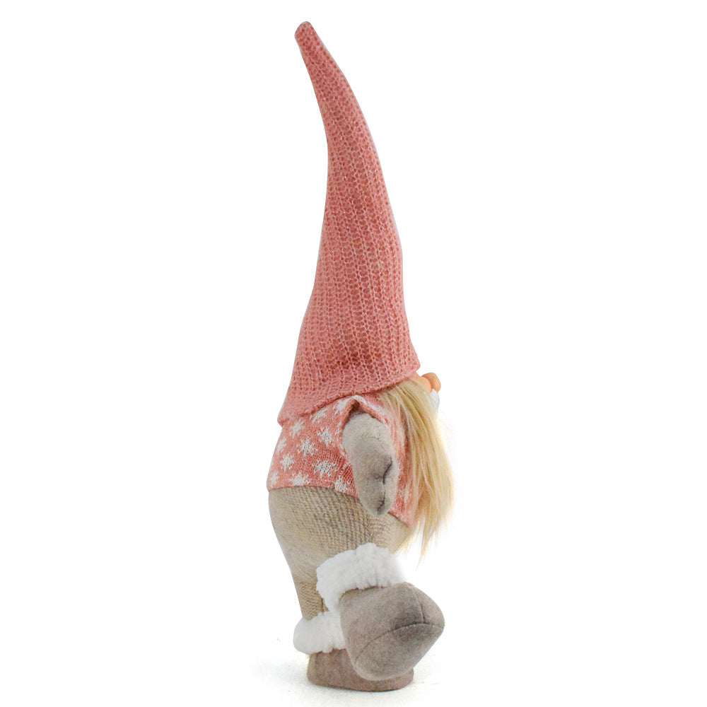 Pink Hat One-Legged Standing Christmas Gnome - Santa & Rudolph Plush Faceless Dwarf Figurine 3