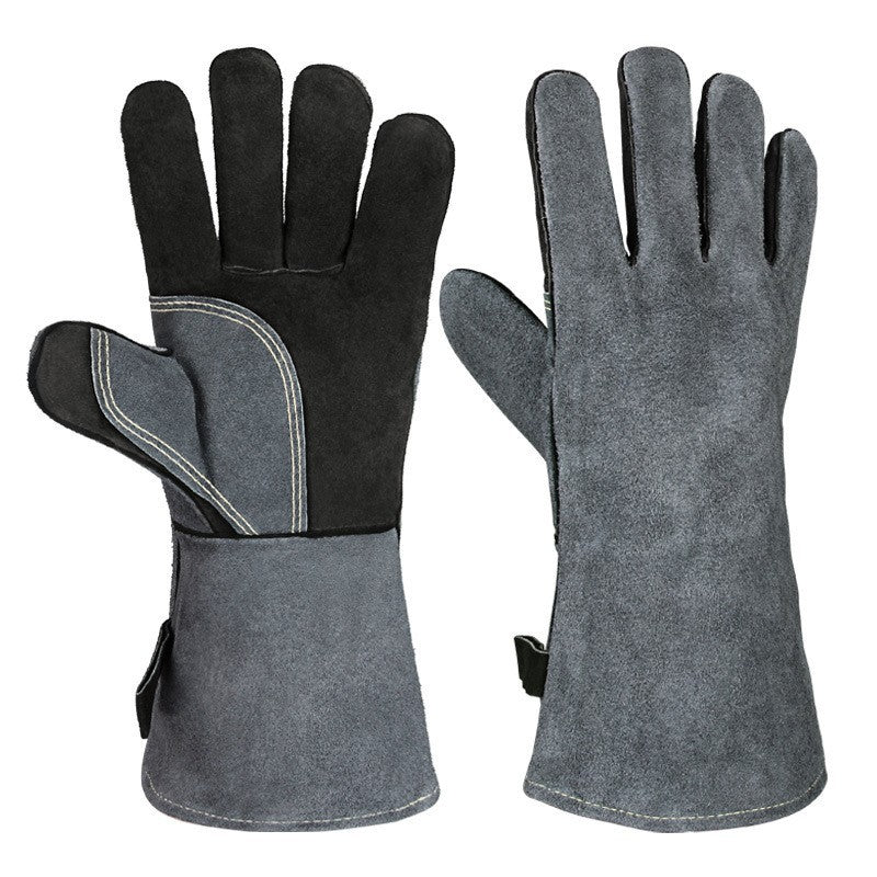 Black-grey 14-Inch Premium Leather BBQ Gloves - Heat-Resistant Up to 500 Degree