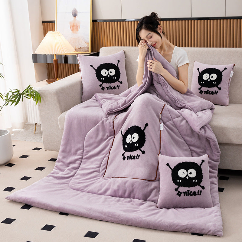 Light Purple Padded and Thickened Elf 2-in-1 Foldable Car Pillow Blanket - Cozy 40x40cm Pillow, Unfolds to 100x150cm Blanket for Travel and Office Naps