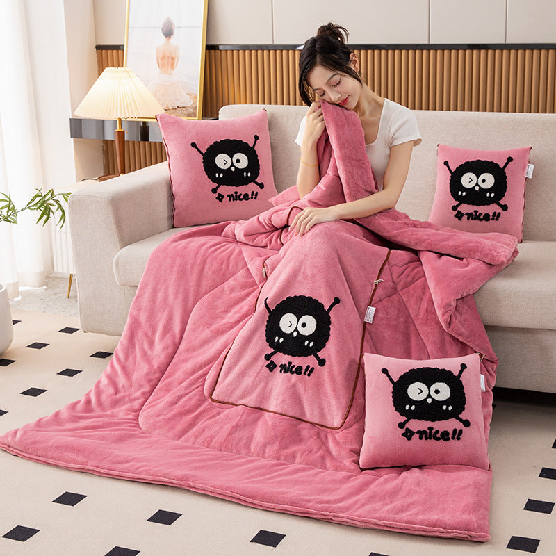 Bean Pink Padded and Thickened Elf 2-in-1 Foldable Car Pillow Blanket - Cozy 40x40cm Pillow, Unfolds to 100x150cm Blanket for Travel and Office Naps