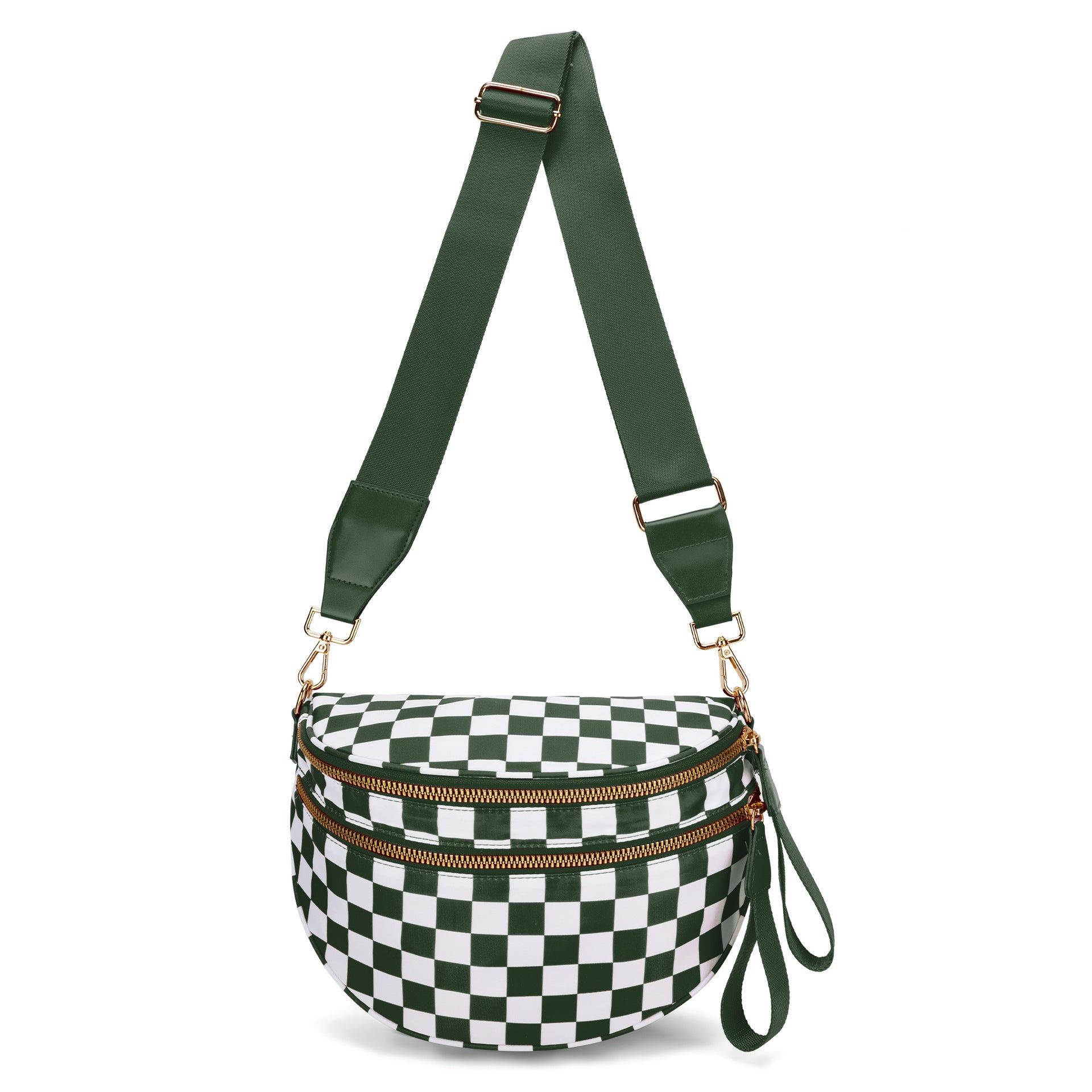 Black and White Checkered Trendy Sling Bag - Women's Crescent Crossbody Purse with Wide Adjustable Strap