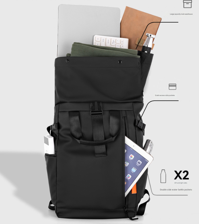 Grey Urban Explorer Roll-Top Backpack - Water-Resistant Large Capacity Bag for Travel, Work & Laptop 3