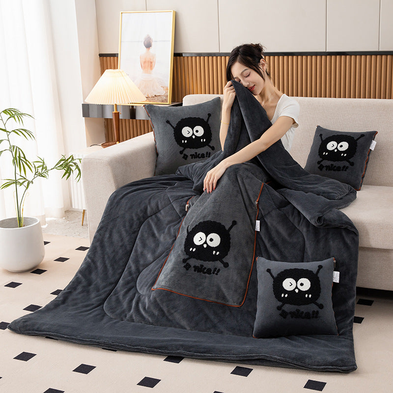 Dark Grey Padded and Thickened Elf 2-in-1 Foldable Car Pillow Blanket - Cozy 40x40cm Pillow, Unfolds to 100x150cm Blanket for Travel and Office Naps