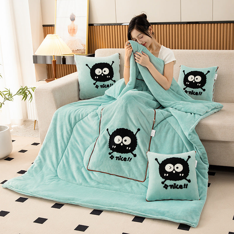 Water Green Padded and Thickened Elf 2-in-1 Foldable Car Pillow Blanket - Cozy 40x40cm Pillow, Unfolds to 100x150cm Blanket for Travel and Office Naps