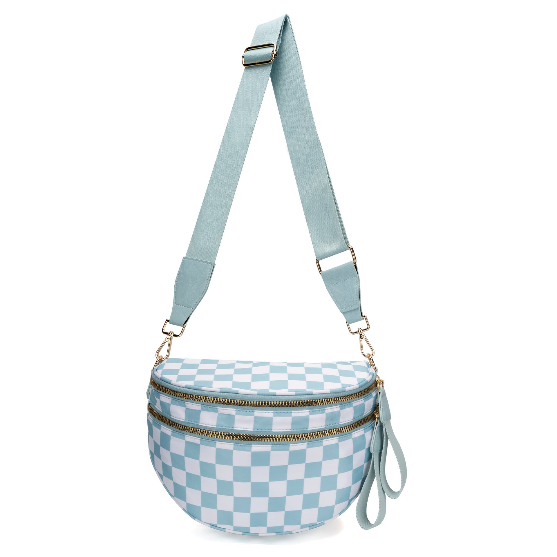 Blue Checkered Trendy Sling Bag - Women's Crescent Crossbody Purse with Wide Adjustable Strap