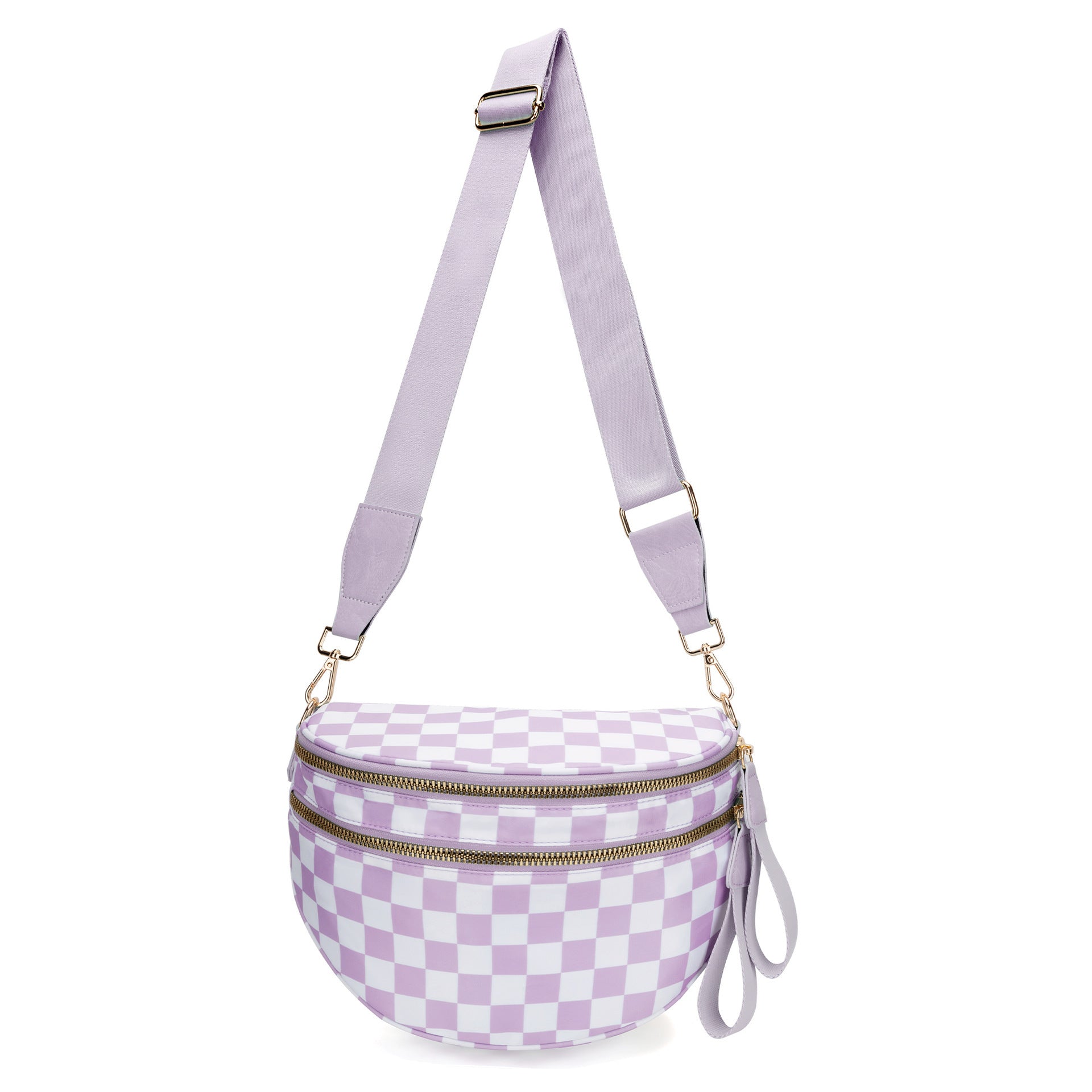 Light Purple Checkered Trendy Sling Bag - Women's Crescent Crossbody Purse with Wide Adjustable Strap