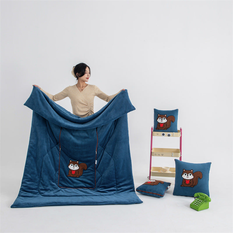 Blue Little Squirrel - 2-in-1 Foldable Car Pillow Blanket - Cozy 40x40cm Pillow, Unfolds to 100x150cm Blanket for Travel and Office Naps